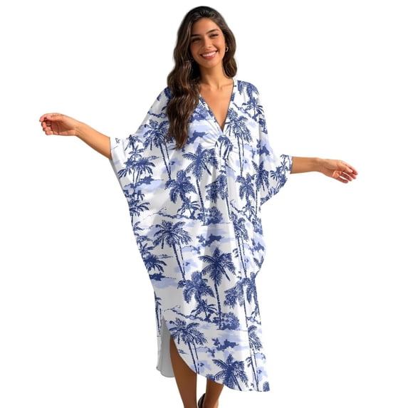 Xoenoiee Toile De Jouy Boat Print Women Kaftan Dresses Plus Size V-Neck Batwing Sleeves Beach Cover Up with Side Slits, Palm Tree Design 2026 Summer Caftan Dress Mumu Dresses