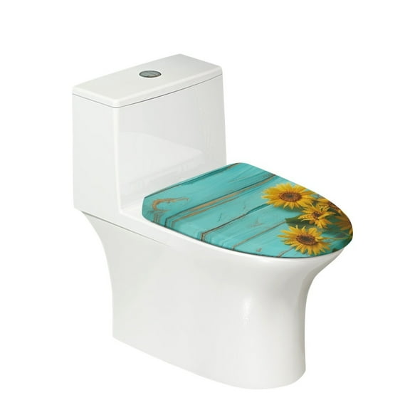 Xoenoiee Toilet Bowl Lids Cover Washable Stretchable Fabric Toilet Lid Cover Standard Toilet Decor Accessories Fits Most Round, Elongated and Oblong Lids, Sunflower Aqua Wood Grain