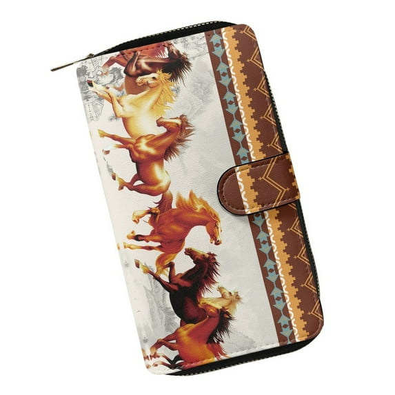 Xoenoiee Tribal Horse Print Wallet for Women Faux Leather Long Clutch Purse with Zipper Bifold Wallet Multi Card Organizer Large Capacity