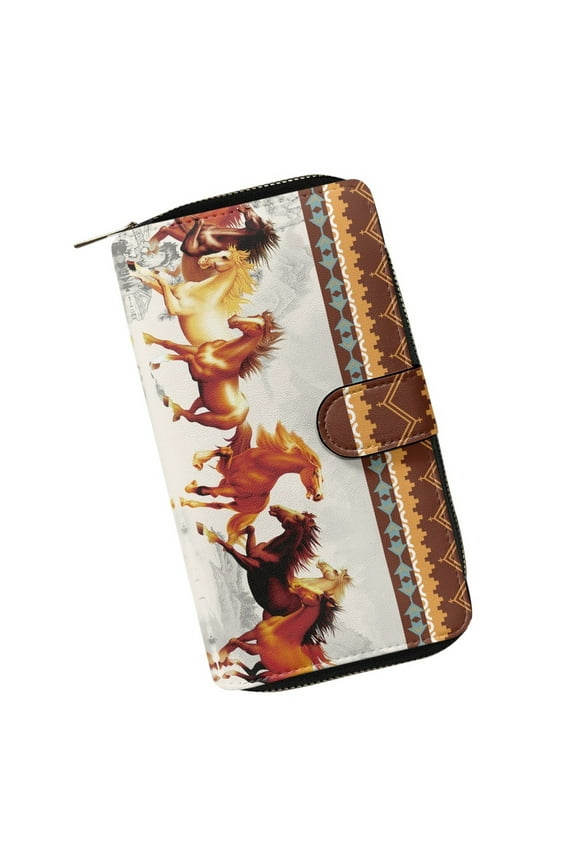 Tribal Horse Print Wallet for Women Faux Leather Long Clutch Purse with Zipper Bifold Wallet Multi Card Organizer Large Capacity
