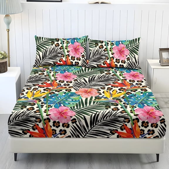 Xoenoiee Tropical Hibiscus Leopard Palm Leaves Print Fitted Sheet Set of 3, Cooling Bed Sheets with Ultra Deep Pocket, Includes 1 Fitted Sheet & 2 Pillowcases, Full Size