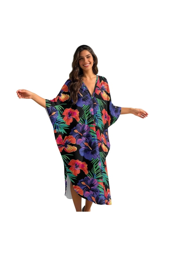 Tropical Hibiscus Palm Leaves Pattern Kaftan Dresses for Women V-Neck Batwing Sleeves Swimsuit Beach Cover Up Caftan Hawaiian Mumu Dresses Long Maxi Dress