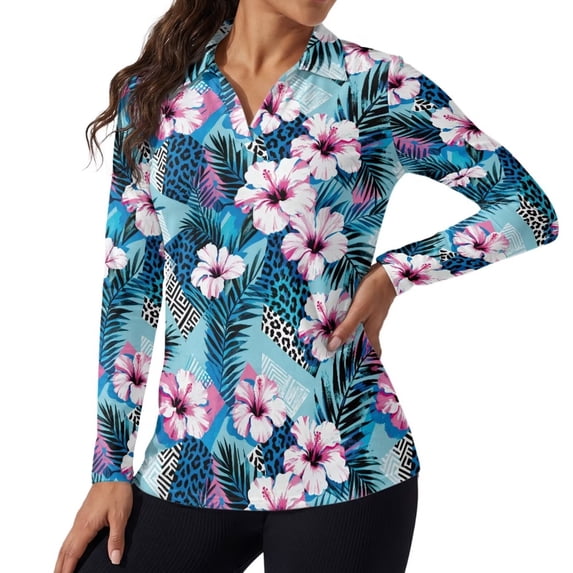 Xoenoiee Tropical Hibiscus Palm Leaves Print Golf Shirts for Women Long Sleeve Collared Tops Loose Summer Work Travel Blouses V-Neck Polo Shirts Business Casual Work Tops Dressy Blouses, Size XS