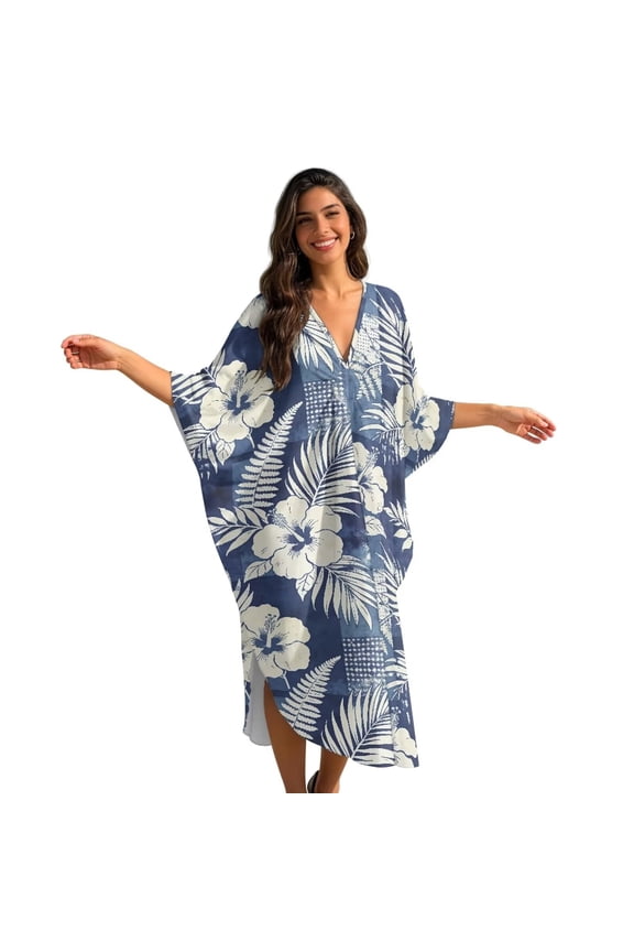 Tropical Hibiscus Palm Leaves Print Kaftan Dresses for Women Plus Size Summer Bathing Suit Cover up V Neck Batwing Dress Loose fit Moroccan Caftan Mumu Dresses