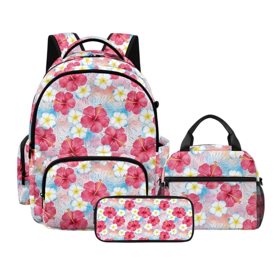 Xoenoiee Tropical Hibiscus Plumeria Flower Print Backpack for Girls Kids Backpack with Lunch Box and Zippered Pencil Case 3Pcs Set 17" Bookbag with Front Pocket Lightweight Elementary School Bag