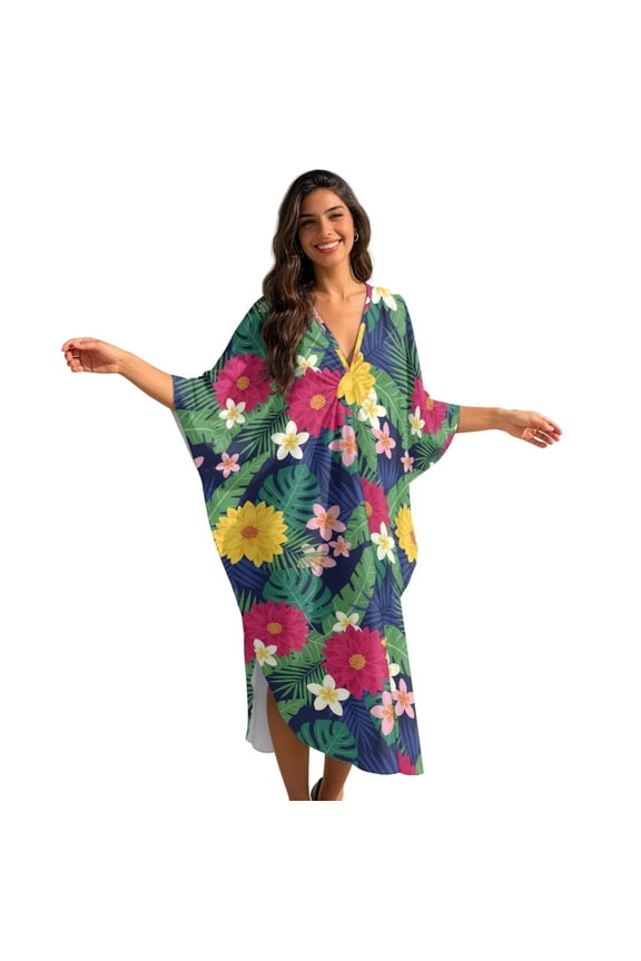 Tropical Hydrangea Plumeria Print Women's V-Neck Batwing Sleeve Kaftan Dress Monstera Palm Leaves Design Lightweight Beach Swimwear Oversized Caftan Cover Up for Mumu Tropical Vacation