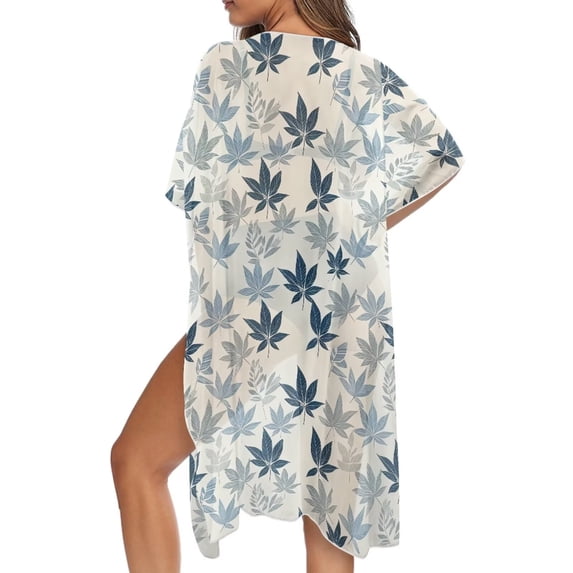Xoenoiee Tropical Leaves Pattern Half Sleeve Women's Sheer Mesh Short Sleeve Swimwear Long Kimono Cardigan Summer Boho Beach Cover Up Tops for Vacation Beach