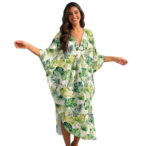 Xoenoiee Tropical Monstera Palm Leaves Pattern Kaftan Dresses for Women Batwing Sleeve Caftan Cover Up Beach Maxi Dress Lightweight Loungewear Mumu Dresses with Side Slits