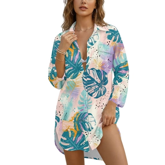 Xoenoiee Tropical Monstera Palm Leaves Print Button Down Swimsuit Coverup for Women Long Sleeve Bathing Suit Cover Up Oversized Shirt Lapel Collar Blouse Summer Top, Size 3XL