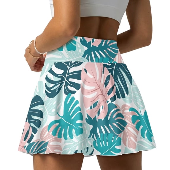 Xoenoiee Tropical Monstera Palm Leaves Print Pleated Tennis Skirts for Women with Shorts Lightweight Athletic Skorts High Waisted Golf Skirts for Running, L