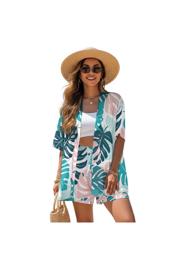 Tropical Monstera Palm Leaves Print Women's Plus Size 2 Piece Outfits Boho Open Front Kimono Cardigan Half Sleeve Blouse and Shorts Set for Beach Pool Vacation, XL