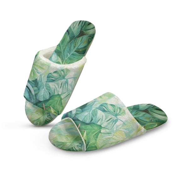 Xoenoiee Tropical Palm Leaves Print Men Women Open Toe Slippers Bedroom Slippers Warm Fuzzy House Shoes Anti Slip Winter Indoor Slippers, 10.5-11.5 W/9.5-10.5 M