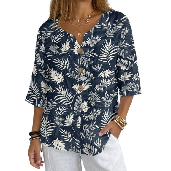 Xoenoiee Tropical Palm Leaves Print Women's Tops Blouses Business Casual 3/4 Sleeve Henley V Neck Linen Shirts Button Up Pleated Tunic for Ladies, Size XL