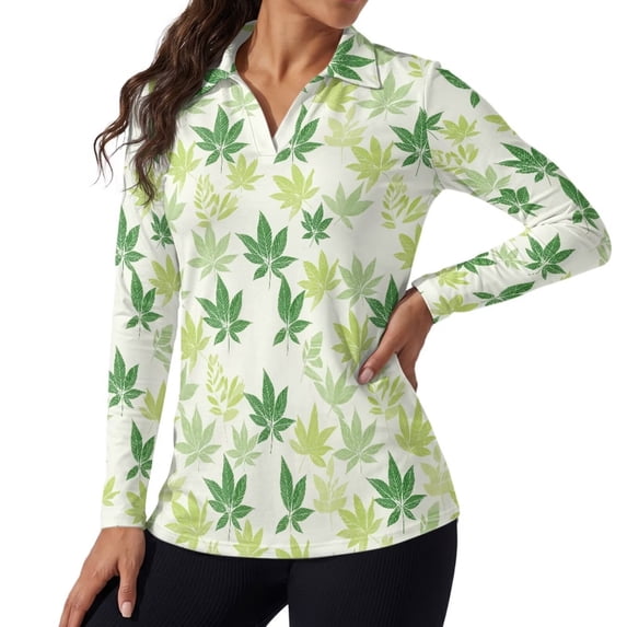 Xoenoiee Tropical Palm Leaves Print Womens Golf Shirt Long Sleeve Polo Quick Dry V Neck Workout Top Lightweight Soft Collar Tennis Shirts for Golf Pickleball Athletic Running Gym, S