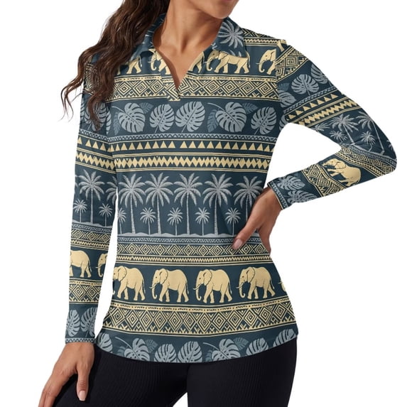 Xoenoiee Tropical Palm Tree Geometric Elephant Print Women Long Sleeve Golf Shirts UPF 50+ Sun Protection Stretch Polo Shirt Moisture Wicking V-Neck Collared Tennis Tops for Outdoor Sports, Size S