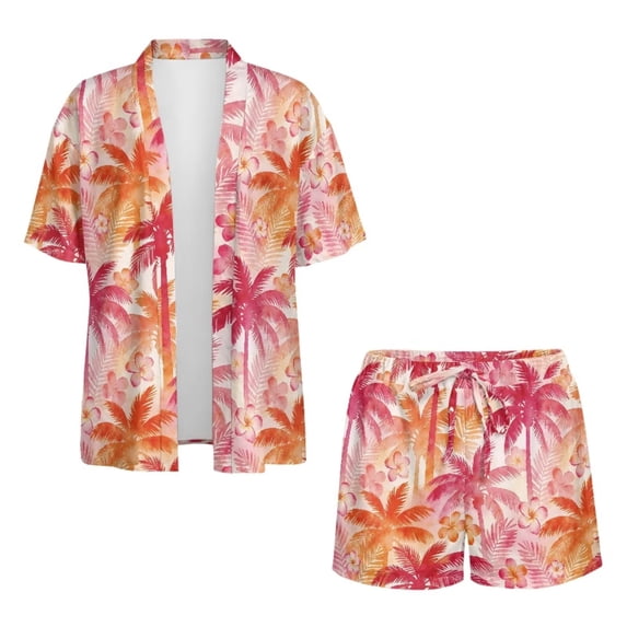 Xoenoiee Tropical Palm Tree Plumeria Flower Print 2 Piece Outfits Short Sets for Women Summer Short Sleeve Blouse Shirt and Drawstring Shorts Casual Beach Vacation Set for Ladies, Size L
