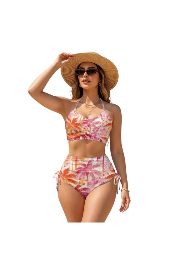 Tropical Palm Tree Plumeria Flower Print Women's Two Piece Swimsuit Bikini Top with Mid Waist Cheeky Bottom Bathing Suit with Adjustable Straps, 3XL