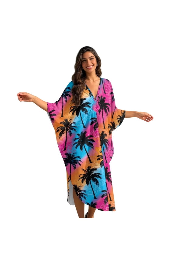 Tropical Palm Tree Print Moo Moos for Women Boho Long Kaftan Dresses V Neck Caftan Batwing Sleeve Swimsuit Beach Cover Up Mumu Dresses for Vacation Travel