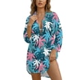 thumbnail image 1 of Xoenoiee Tropical Palm Tree Print Swimsuit Coverup for Women Button Down Shirt Loose Beach Cover Up Puff Long Sleeve Bathing Suit Casual Blouse Tops, M, 1 of 7