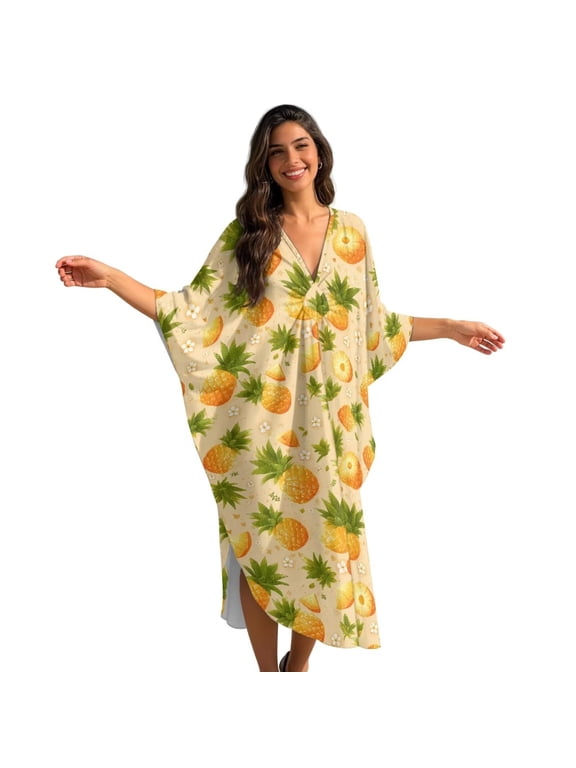 Tropical Pineapple Flower Pattern Women Kaftan Dresses Plus Size V-Neck Batwing Sleeves Beach Cover Up with Side Slits 2026 Summer Caftan Dress Mumu Dresses