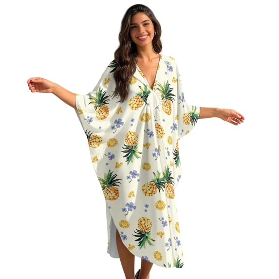 Xoenoiee Tropical Pineapple Flower Print Kaftan Dresses for Women Plus Size Caftan V-Neck Batwing Sleeve Beach Swimsuit Cover Up, Side Slits Maxi Moo Moo Loungewear
