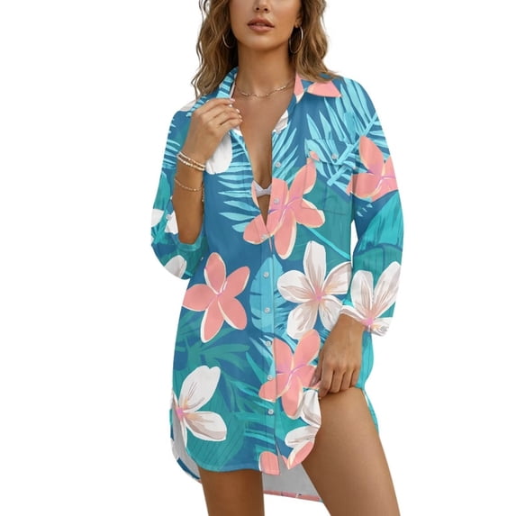 Xoenoiee Tropical Plumeria Flower Palm Leaves Print Bathing Suit Cover Up V Neck Swimsuit Coverup Shirt for Women Button Down Bikini Beachwear Vacation Outfit Plus Size, 2XL