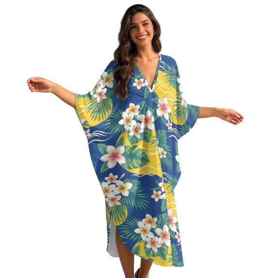 Xoenoiee Tropical Plumeria Flower Print Mumu Dresses for Women Plus Size, Monstera Palm Leaves Bohemian Kaftan Dress Batwing Sleeve Caftan Beach Cover Up Summer Long Maxi Nightgown Soft Loungewear