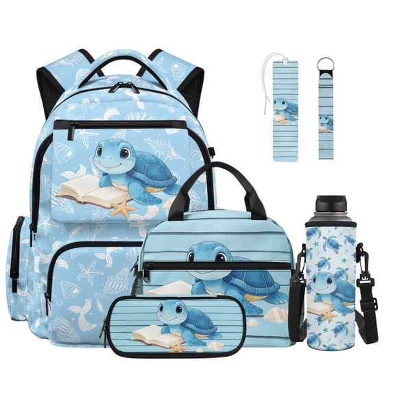Xoenoiee Turtle Book Starfish Conch Print 6-in-1 School Bag Set Backpack for Girls Kids Schoolbag Set with Lunch Box Pencil Case Water Bottle Sleeve Bookmark Keychain Elementary Preschool Bookbag