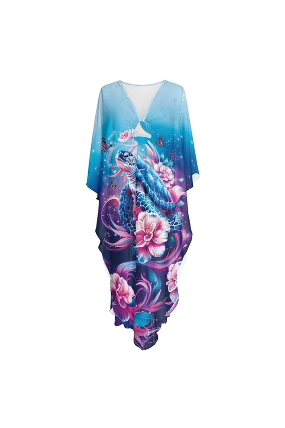 Turtle Butterfly Flower Pattern Kaftan Dresses for Women Batwing Sleeve Caftans Moo Moos V Neck Beach Swimsuit Cover Up Boho Hawaii Maxi Dress for Hawaii Tropical Resort