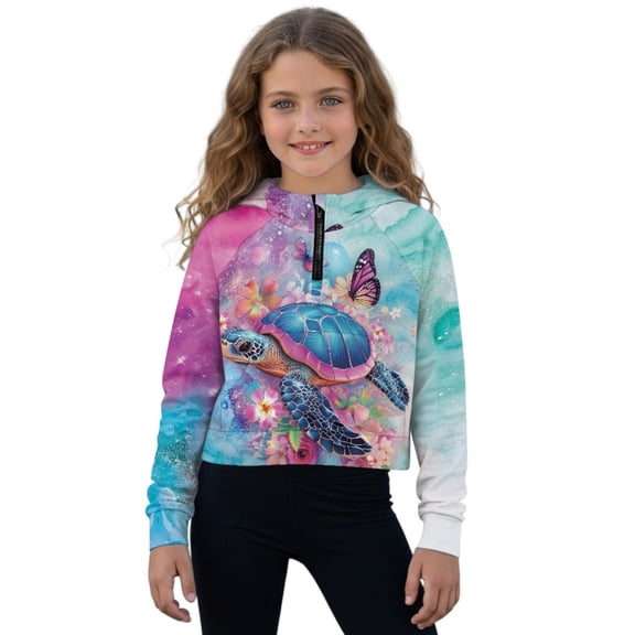 Xoenoiee Turtle Butterfly Flower Print Girls Half Zip Hoodie Casual Stand Collar Raglan Sweatshirt Long Sleeve Kids Pullover Loose Tee Tops, 5-6 Years