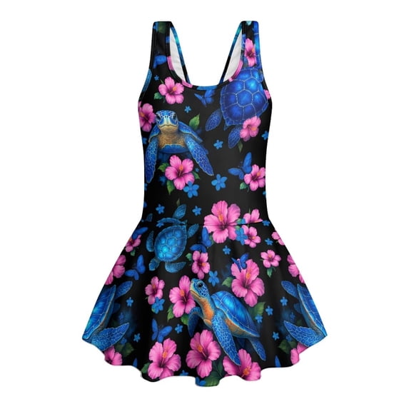 Xoenoiee Turtle Butterfly Hibiscus Flower Print Girls One Piece Swimsuits Sleeveless Swim Dress for Girls Hawaiian Skirted Bathing Suit Summer Swimwear, 3-4 Years