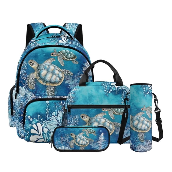 Xoenoiee Turtle Coral Print 4 Pack Backpack Set for Kids Girls 17 In Preschool Backpack with Lunch Box Pen Case Water Bottle Sleeve Large Capacity Toddler Kindergarten School Bookbag