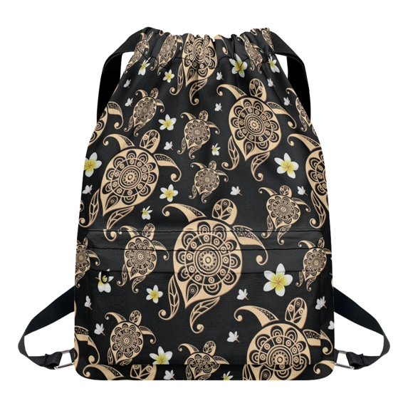 Xoenoiee Turtle Flower Print Drawstring Backpack for Men Women, Waterproof Gym Bag Sackpack Sports Bag Draw String Backpacks for Cycling Basketball Soccer Yoga