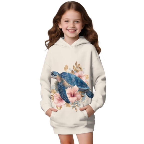 Xoenoiee Turtle Hibiscus Leaves Print Long Hoodies for Kids Loose Pullover Dress Lightweight Hooded Sweatshirt with Front Pocket Long Sleeve Activewear T-shirts Sweater Tops, 13-14 Years