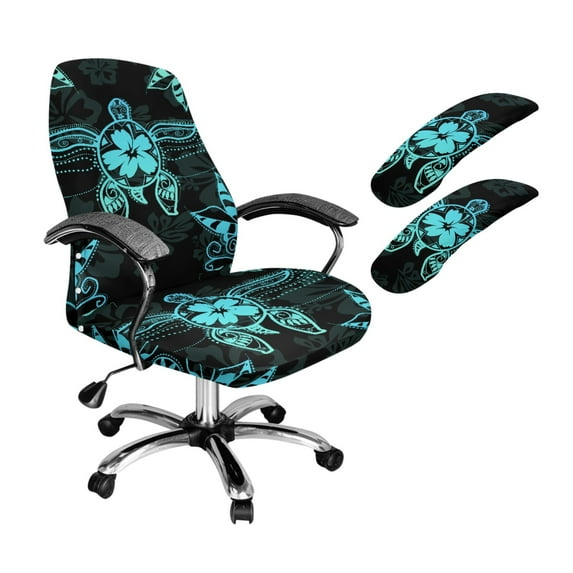 Xoenoiee Turtle Hibiscus Print Office Computer Chair Covers, Stretchable Rotating Chair Cover with Armrest Covers, Removable Washable Rotating Chair Protective Slipcover, L