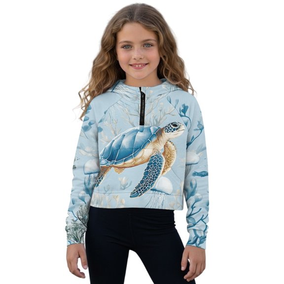 Xoenoiee Turtle Jellyfish Coral Print Girls Half Zipper Pullover Sweatshirt Kids Long Sleeve Hoodies Pullover Causl Jacket with Pocket, 11-12 Years