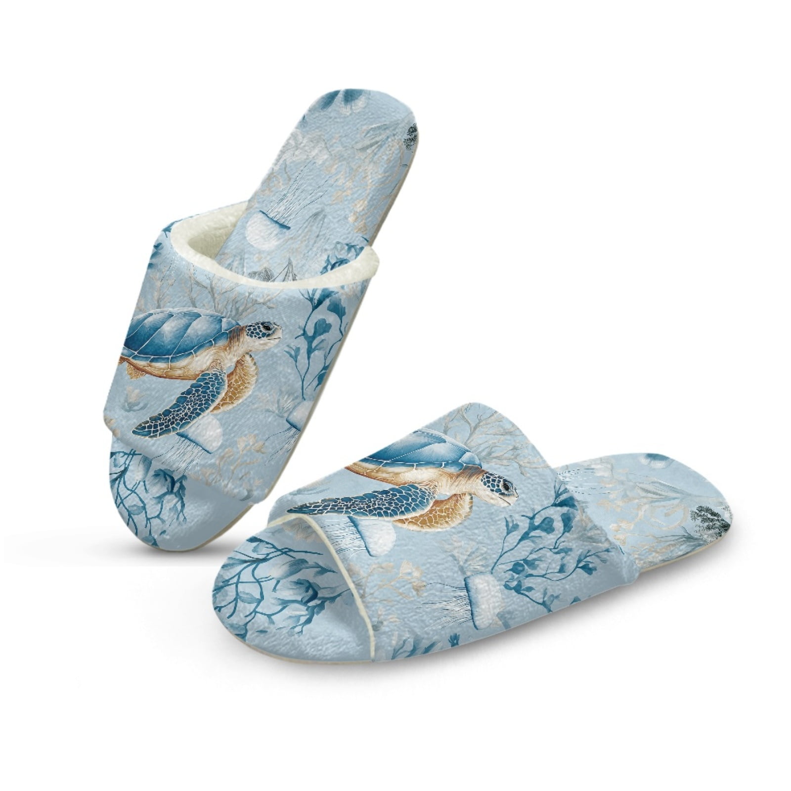 Xoenoiee Turtle Jellyfish Coral Print Womens Fuzzy Memory Foam Slippers ...