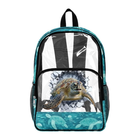 Xoenoiee Turtle Jellyfish Fish Print PVC School Backpack for Kids, 17 Inch Clear Bookbag for Boys, Lightweight Schoolbag Waterproof Knapsack for Preschool, Primary, Kindergarten School Supplies