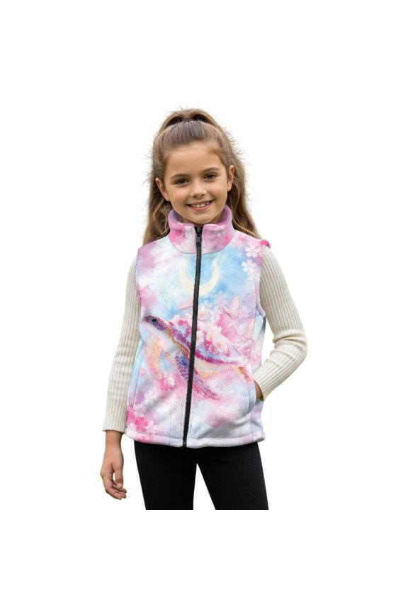 Turtle Moon Butterfly Cherry Blossom Print Toddler Girls' Polar Fleece Vest, Stand Collar Sleeveless Zipper Jacket for Warm Winter Outerwear, Size 2T