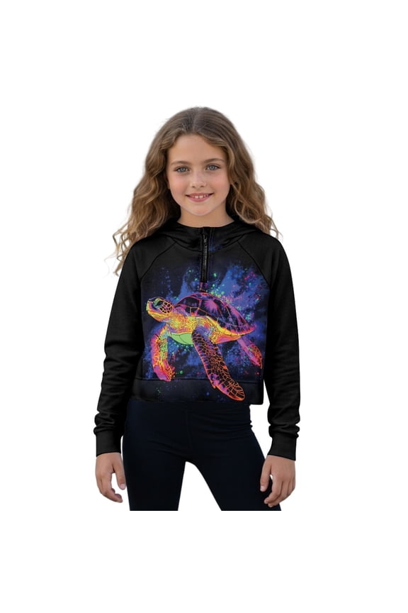 Turtle Paint Splatter Print Girls Hoodies Quarter Half Zip Pullover Oversized Sweatshirts with Pocket Long Sleeve Jacket Fall Clothes, 9-10 Years