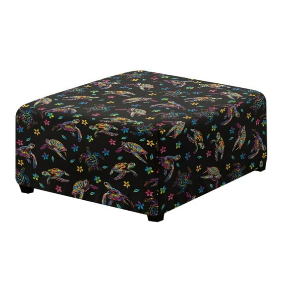 Xoenoiee Turtle Plumeria Flower Print Ottoman Cover Square, Stretch Velvet Ottoman Slipcover Square Soft Storage Ottoman Foot Rest Cover with Elastic Bottom, S