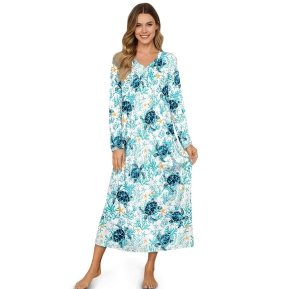 Xoenoiee Turtle Starfish Coral Print Long Nightgowns for Women Soft Ladies Sleepwear Gowns Long Sleeve Nightdress Button House Dress Lounge Dress, S