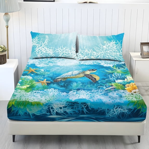 Xoenoiee Turtle Starfish Coral Print Microfiber Fitted Sheet Set 3 Piece Wrinkle-Free Stain Resistant Bedding Deep Pocket, 1 Fitted Sheet and 2 Pillowcases, Full Size