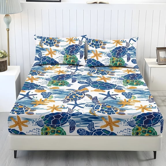 Xoenoiee Turtle Starfish Pattern Bed Sheet Set 3 Pieces Soft Microfiber Bedding Sheet Set, Deep Pocket, Stain, Fade & Wrinkle Resistant for Bedroom Decor, King Size
