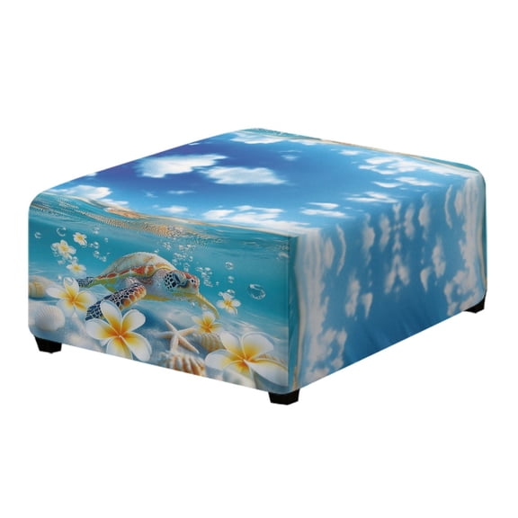 Xoenoiee Turtle Starfish Plumeria Seashell Print Ottoman Cover Square Storage Ottoman Slipcover Footrest Stool Covers Stretch Chair Cover Ottoman Slipcovers for Foot Stool with Elastic Bottom, S