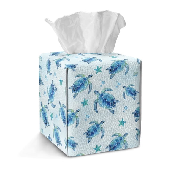 Xoenoiee Turtle Starfish Print Foldable Square Tissue Box Cover – PU Leather Cube Holder with Bottom Snap for Facial Tissues, Bathroom, Office, Car, Tabletop Decor