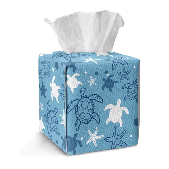 Xoenoiee Turtle Starfish Print Tissue Box Cover, PU Leather Tissue Box Holder Square, Cube Case For Facial Tissues Home Decoration for Bathroom Living Room Kitchen Office Car