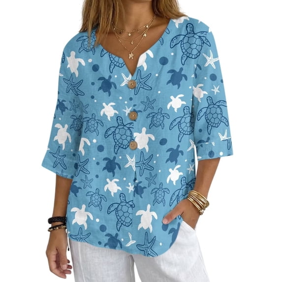 Xoenoiee Turtle Starfish Print Womens Button Down Shirts Linen Cotton 3/4 Sleeve Blouses Casual Loose Fit Gauze Tops Plus Size, Size M