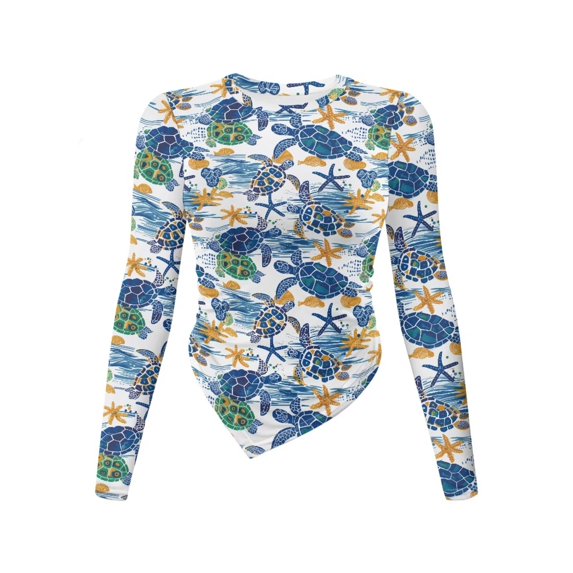 Xoenoiee Turtle Starfish Print Womens Long Sleeve Tops Basic Slim Fitted Shirts Casual Fashion Going Out Y2k Tops Irregular Hem Blouses Teen Girl Clothes, Size M