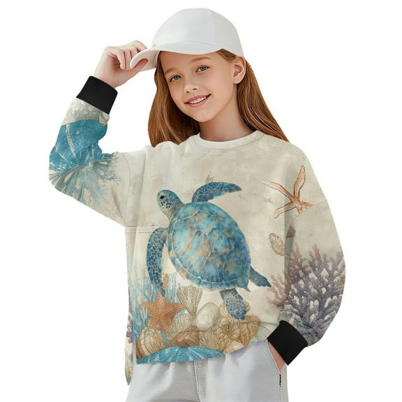 Xoenoiee Turtle Starfish Seashell Coral Print Girls Oversized Sweatshirts Casual Long Sleeve Crewneck Side Slit Tops 2025 Fall Loose Pullover Sweatshirt, 7-8 Years